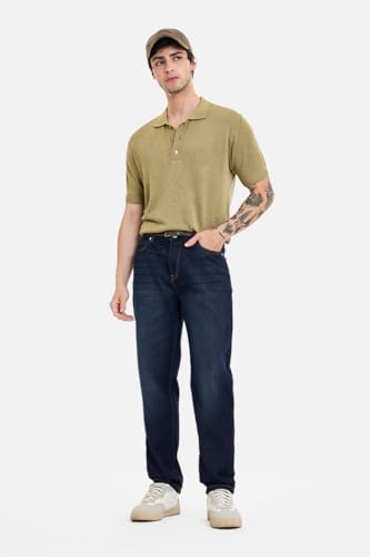 Image of SNITCH Men Casual Jeans | Relaxed Fit Straight Leg Washed Pattern & Drawstring Closure | 100% Cotton Denim Fabric for All Day Comfort & Everyday Wear