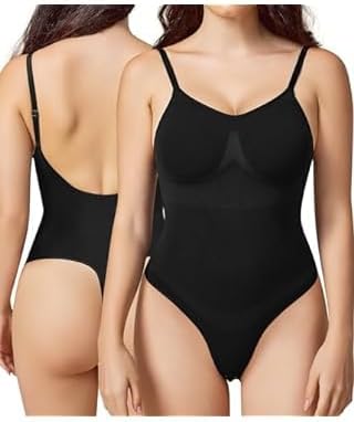 M2M Thong Shapewear Bodysuit for Women Tummy Control Thong Faja Slim Basic Jumpsuit Top Backless Body Shaper Deep V Neck