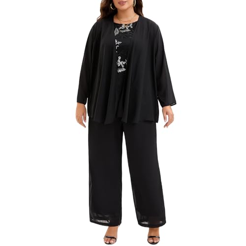 Plus Size Mother of The Bride Pant Suit 3 Piece Lace Set with Sequin Tank Elegant Wedding Guest Formal Outfit3