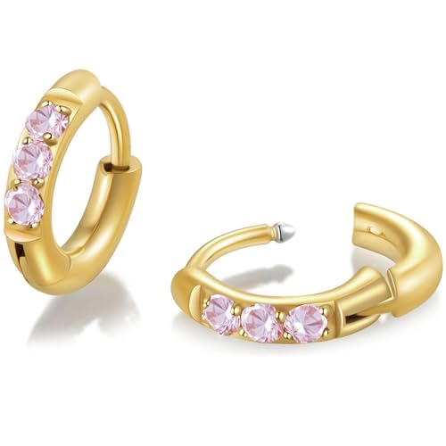Image of Hypoallergenic Unisex Surgical Steel Small Cubic Zirconia Huggie Hoop Earring, Color Gold - Silver - Rose Gold - Black - Rainbow, Size 6mm- 12mm Safe for Sensitive Ear