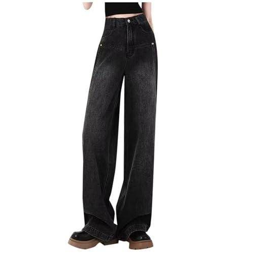 Jeans femme droit respirant pantalon large souple à poches casual