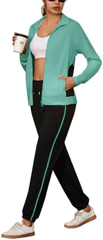 Uniexcosm Jogginganzug Damen Set Lang Trainingsanzug | Zweiteiler Frauen Farbkontrast Freizeitanzug Langarm Reißverschluss Tracksuit & Sporthose Sportanzug
