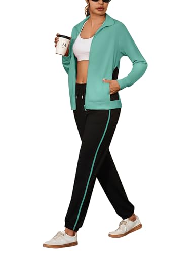 Uniexcosm - Uniexcosm Jogginganzug Damen Set Lang Trainingsanzug Zweiteiler Frauen Farbkontrast Freizeitanzug Langarm Reißverschluss Tracksuit & Sporthose Sportanzug Bohnengrün M - -15%