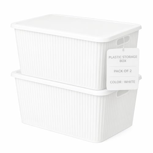 Image of Plastic Storage Box with Lid - Large Stackable Organizer Storage Box for Clothes, Toys, Kitchen - Big Size Plastic Storage Container Basket for Home, Office, Bathroom(Large,Pack of 2,White)