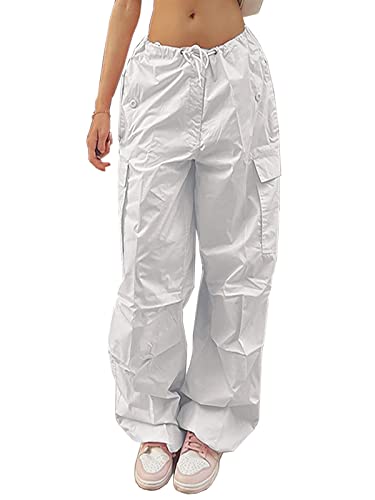 Xineicy Parachute Pants for Women Drawstring Baggy Cargo Pants Y2K Trouser Low Rised Jogger Sweatpants Loose Hip Hop A White