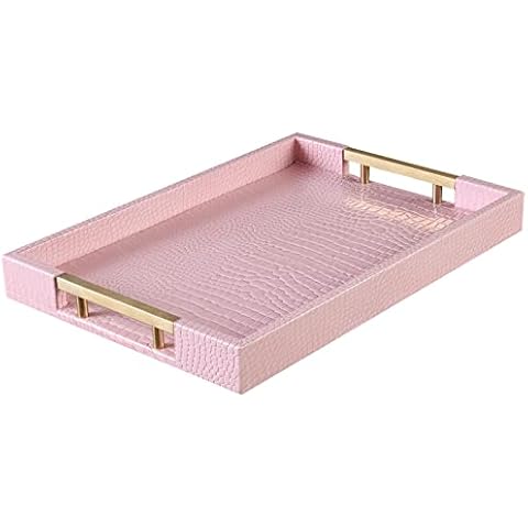 PU Tablett Serviertablett, Modern Elegant Rechteckig Deko Tablett mit Metall Griff Cover