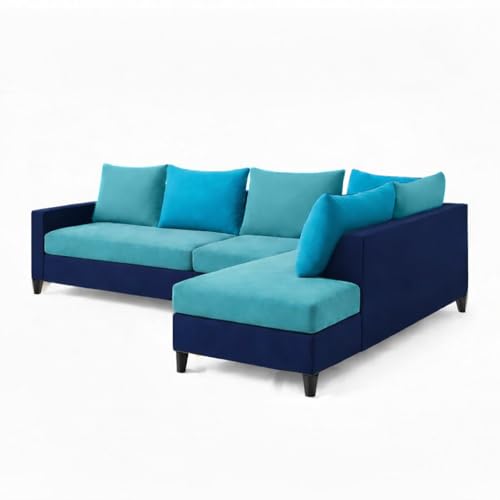 Image of FURNY Glory 6 Seater RHS Fabric Sofa Set (Dark Blue-Aqua Blue-Sky Blue) with Velvet Finish | Durable Comfort | Ideal for Living Room | Breathable material