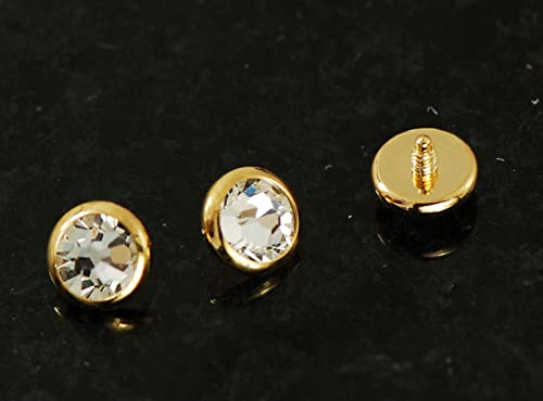 3 Pc 14g 4mm 14K Gold Plated On Surgical Steel with Clear CZ Flat Dermal Heads Top