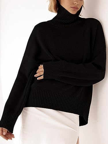 Image of YKR Women's Turtleneck Sweater Chunky Long Sleeve Knitted Pullover High Low Hem Trendy 2025 Fall Winter Basic Jumper Top