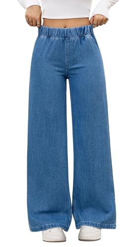 Image of ADBUCKS Women's Stretchy Elastic Waist Wide-Leg Jeans - Minimalist Pocket-Free Drapey Denim Pants, Comfortable Pull-On Style, Ideal for Daily Commute & Casual Wear