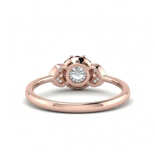 Image of Rose Gold Plated Diamond CZ & Blue Sapphire Petal Halo Engagement Ring for Women, Petite Round Shape Wedding & Everyday Jewelry, Handmade Gift for Wife US Size 4-12