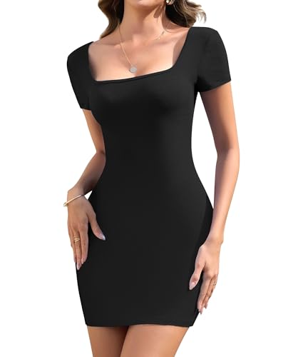 SHAPERIN Women's Dress Short Sleeve Bodycon Mini Dress Summer Pencil Dresses Tight Dress Short Square Neck Black M