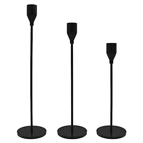 JUNGEN Kerzenständer Schwarz 3 Set 24/29/34cm Kerzenhalter Stabkerze Kerzenleuchter Vintage Metall Deko Cover