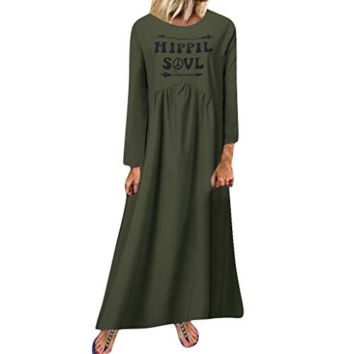 Women Round Neck Dress,Kingwo Ladies Letter Print Solid Casual Shirt Dress Plus Size Long Sleeve Loose Long Maxi Dress M~5XL Army Green