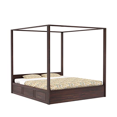 Image of Solid Sheesham Wood Queen Size Poster Bed Hydraulic Storage for Bed Room Living Room Home Wooden Double Bed Palang Solid Wood Bedroom Furniture for Hotel (Walnut Finish)