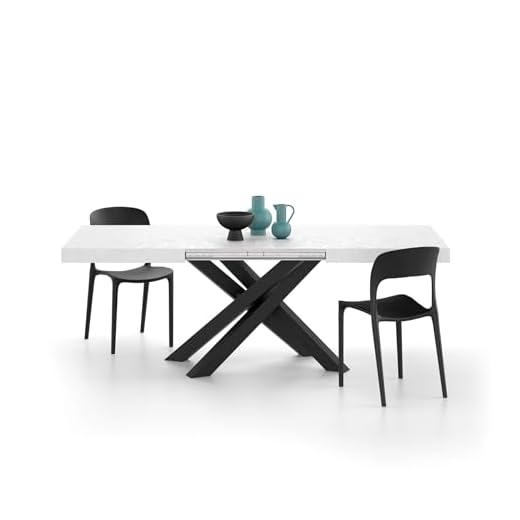 Mobili Fiver, Tavolo Allungabile Emma 140(220) x90 cm, Bianco Cemento con Gambe Incrociate Nere, per 6-10 persone, Tavolo Cucina, Soggiorno, Made in Italy