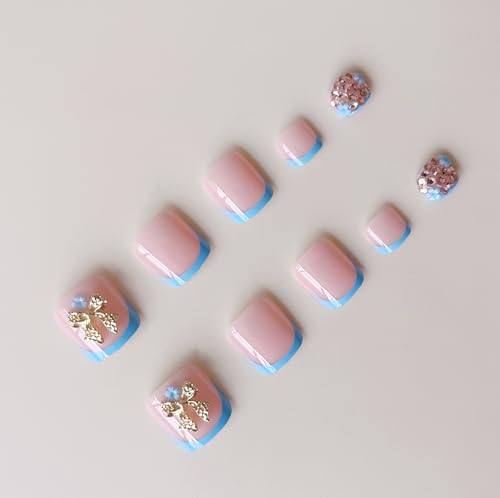 Image of Blue French Tip Press on Toenails Metal Bow Fake Toenails with Rhinestone Design Glossy Glue on Toe Nails Flower False Nails Artificial Acrylic Full Cover Stick on Toenails for Women Manicure 24Pcs