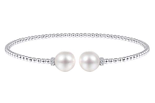 Natural Diamond Accent & Simulated Freshwater Pearl Adjustable Cuff Bracelet