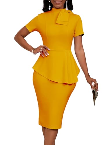 Image of WanMem Women Formal Bodycon Peplum Cocktail Dress Short Sleeve Bow Ruffle Pencil Party Midi Dresses