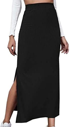 Women Elastic Waisted Split Thigh Rib Knit Long Maxi Bodycon Pencil Skirts Solid Elegant Versatile Wrapped Hip Skirt Black