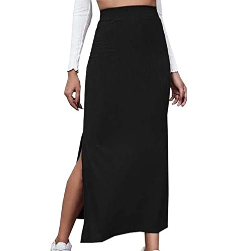 Women Elastic Waisted Split Thigh Rib Knit Long Maxi Bodycon Pencil Skirts Solid Elegant Versatile Wrapped Hip Skirt Black #TOP22