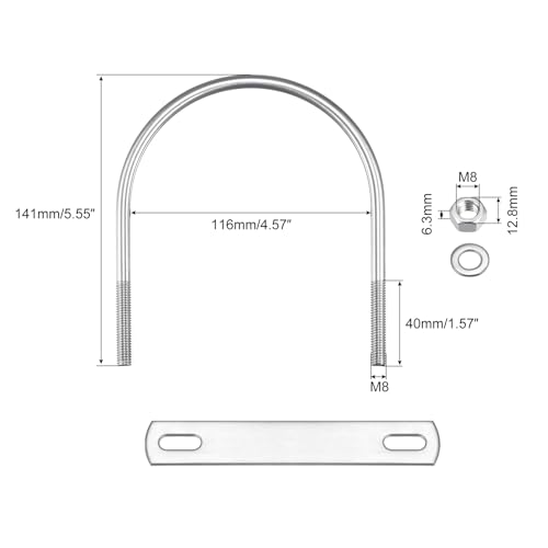 Image of uxcell Round U-Bolts, 2 Sets 116mm(4.57 inch) Inner Width 141mm Length M8 304 Stainless Steel U Clamp Bolt with Nuts Washers and Plates, for Boat Trailer