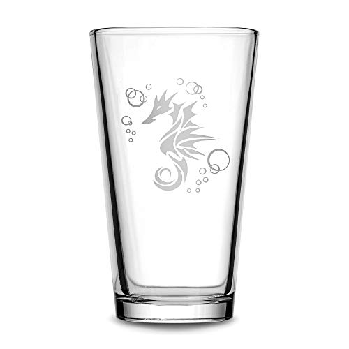 Integrity Bottles Tribal Seahorse Design Premium Pint Glass, Handmade, Handblown, Hand Etched Gifts, Sand Carved, 16oz
