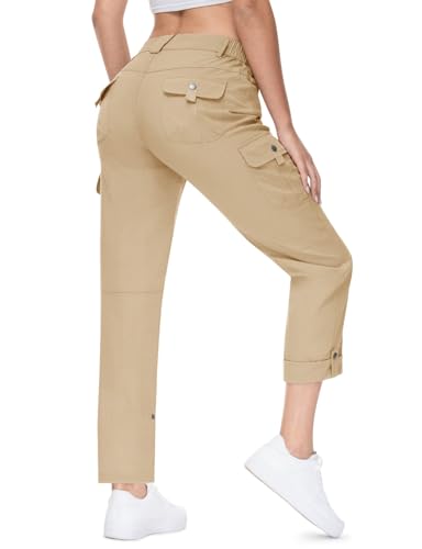 TBMPOY Women's Travel Pants Essentials Hiking Quick Dry Convertible Lightweight Roll Up Cargo Pockets Waterproof Work Khaki L