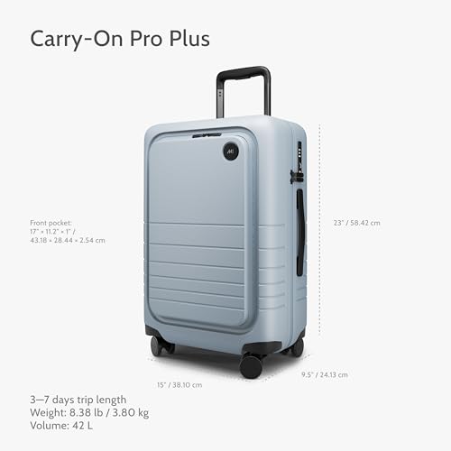 Image of Monos Carry-On Pro Plus Luggage 23 Inch - Hardside Spinner Suitcase with TSA Lock & Laptop Front Pocket | Airline Approved, 42L Polycarbonate Rolling Carry On | Fits 16 inch Laptop | Blue Haze