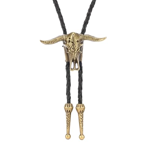 Image of Joxevyia Bolo Tie for Men Vintage Cow Skull Leather Rope Western Cowboy Necktie Vintage Bola Tie Gift for Him