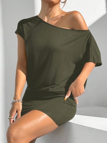 Image of SOLY HUX Women's Off The Shoulder Mini Dress Going Out Asymmetrical Neck Short Sleeve Casual Bodycon T Shirt Dresses