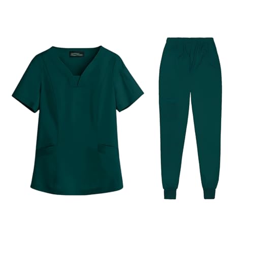 Meichoon Conjunto de Uniforme de Enfermera Top ligero con cuello en V y pantalones ligeramente elásticos Naturalmente suave para hombres y mujeres DK06 Verde oscuro Pequeño