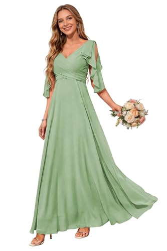 Image of Bridesmaids Dress for Women Long Bridesmaid Dresses with Sleeves A Line Pleated Formal Evening Party Gown with Pockets Dusty Sage US2