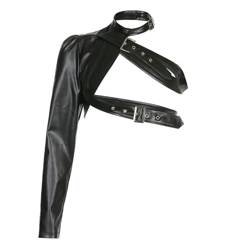 Guapo Hebilla De Metal Irregular Halter Cuero De PU Chaqueta De Cuero De Una Sola Manga Ropa De Mujer Nueva Europea Y Americana-Negro-M