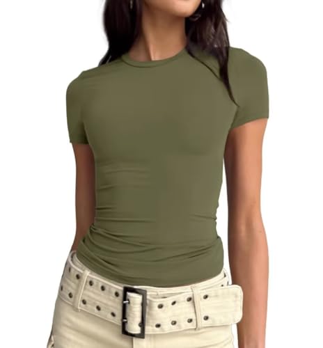 LACOZY Women Short Sleeve Going Out Tshirt Crewneck Basic Crop Tops Sexy Dupes Tight Shirt Yoga Army Green M