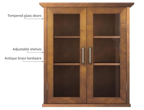 Teamson-Home-Avery-Wooden-Over-The-Toilet-Bathroom-Removable-Wall-Medicine-Cabinet-with-2-Adjustable-Shelves-3-Storage-Spaces-2-Glass-Paneled-Doors-and-Antique-Brass-Knobs-Oiled-Oak Teamson Home Avery Wooden Over The Toilet Bathroom Removable Wall Medicine Cabinet with 2 Adjustable Shelves 3 Storage Spaces 2 Glass Paneled Doors and Antique Brass Knobs Oiled Oak
