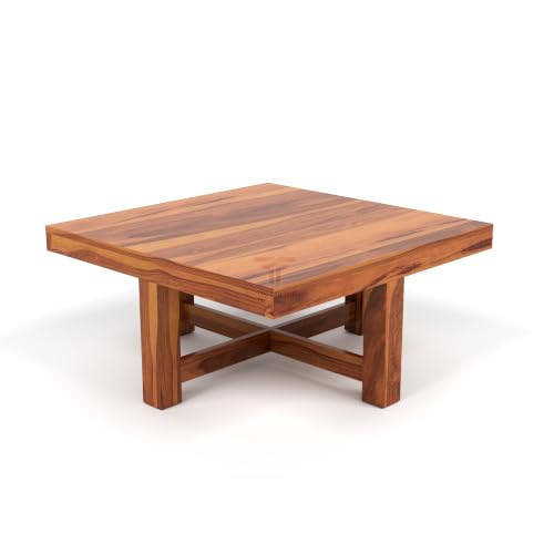 Image of ONIJA Solid Sheesham Wood Coffee Table with 4 Stools | Rosewood Centre Table with Cushioned Stool for Living Room (CNC,Honey Finish)
