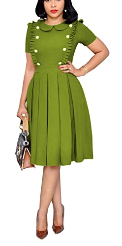 Off The Shoulder Ruffled Ruffle Hem Short Sleeve Button Front Pocket Side Shirred Back Midi A-Line Dress Army Green #TOP10