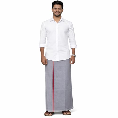 Image of Pure Cotton Dhoti for Men (1.28 x 1.87 m) | Solid Panchalu with Varied Small Color Border | Kerala Cotton Veshti, Khadi Dhoti | Lightweight Pooja & Temple Wear