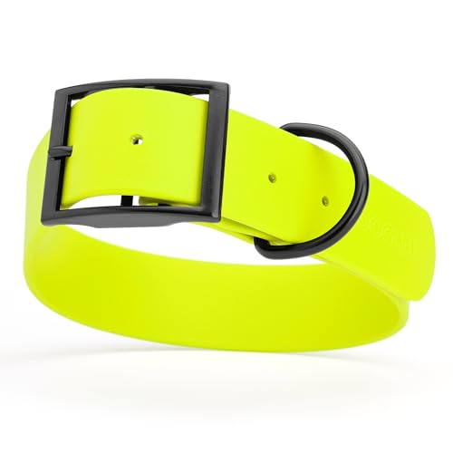 Image of Dogline Biothane Waterproof Dog Collar Strong Coated Nylon Webbing with Black Hardware Odor- Proof for Easy Care Easy to Clean High Performance Fits Small Medium or Large Dogs, Safety Yellow