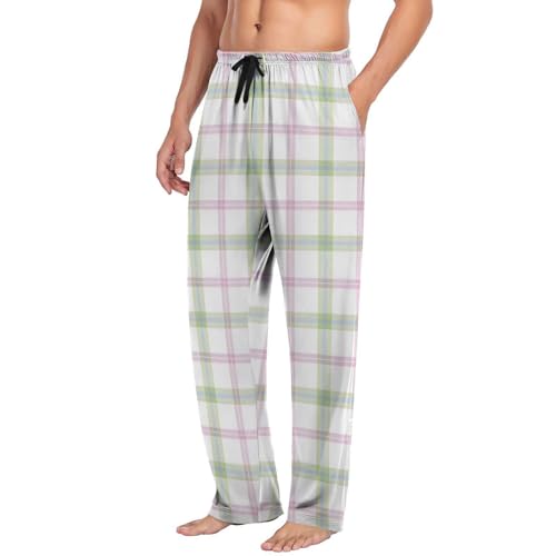 Plaid Pj Pants for Men Lounge Pjs Bottoms Lightweight Elastic Waist Pajama Pants with Pocket Loose Fit Trousers3