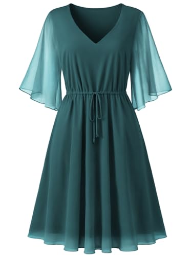 SeSe Code Women's V Neck A-Line Mini Dress with Adjustable Waist Elegant Flowy Mesh Dresses for Vacation, Wedding Guest Teal