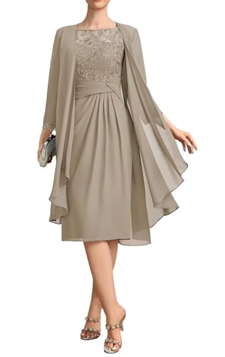 Knee Length Mother of The Bride Dresses for Wedding with Long Sleeve Chiffon Formal Evening Dresses with Jacket