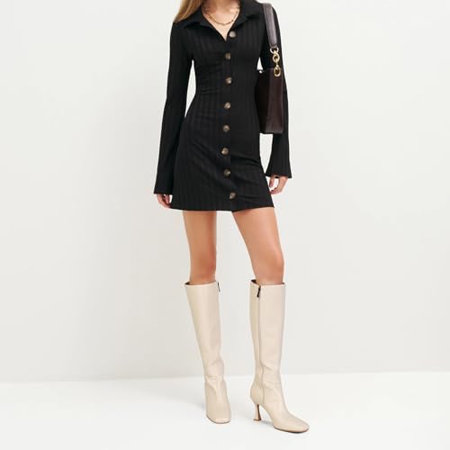 Image of Dsevht Black Leather Knee High Boots for Women Stiletto Kitten Heeled Sexy Boots Square Toe and Side Zipper Design Fashion Dress Boots
