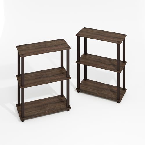 Image of Furinno Turn-S-Tube Storage Shelves Set of 2, 3-Tier Book Shelf, Corner Shelf, Toolless Open Shelves, Square Tubes, for Organization and Storage, Living Room, Garage, Home Office, Black Walnut