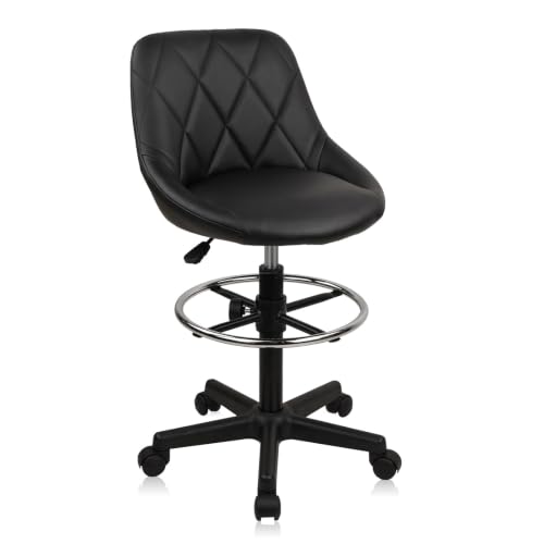 Image of KLASIKA Drafting Chair with Backrest, Faux Leather Height Adjustable Rolling Swivel Stool with Foot Ring, Ergonomic Tall Standing Desk Office Chair with Wheels for Workshop Kitchen Bar Counter