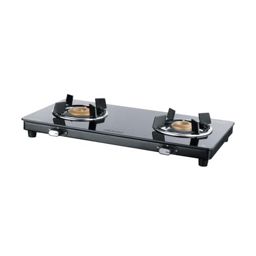Image of USHA Ebony Neo Slim 2 burner (EBNSL2RGC) with stainless steel body, glass cooktop, large space for parallel cooking, and removable drip tray