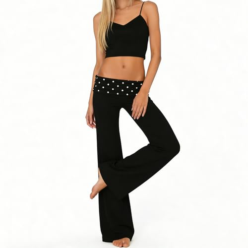 Image of Lounge Yoga Pants for Women Fold Over Low Waist Wide Leg Bell Bottoms | Y2K Foldover Pants, Flare Leggings, Low Rise Yoga Sweatpants