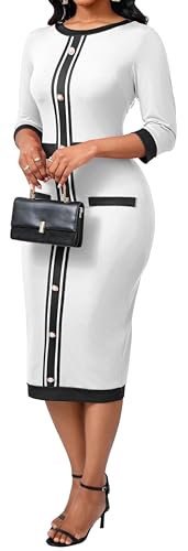 Image of CuteCherry Women's Church Dress Long Sleeve Bow Tie Neck Bodycon Work | High Waist Bodycon Knee Length Business Pencil Bow Tie Neck Long Sleeve Slim Fit Work