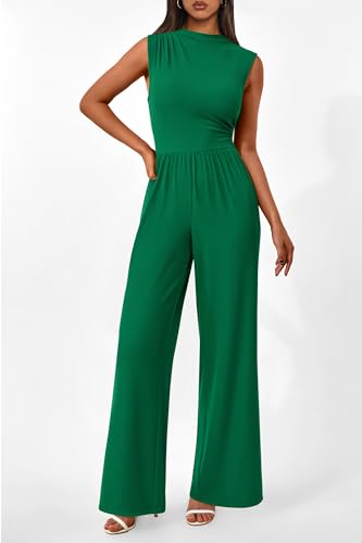 Image of PRETTYGARDEN Women's Summer Dressy Casual Jumpsuits | Cozy Ribbed Fabric, Sleeveless Mock Neck, Back Zipper, Pockets, Wide Leg Pants Rompers, Fashion Clothing, One Piece Outfits
